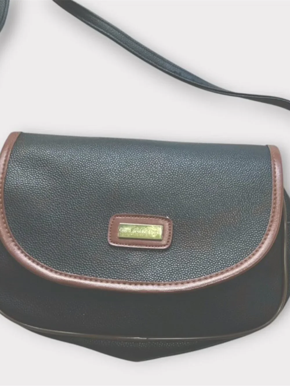 Guy Laroche Paris Crossbody Handbag Snap Flap Pebbled Leather Black and Brown